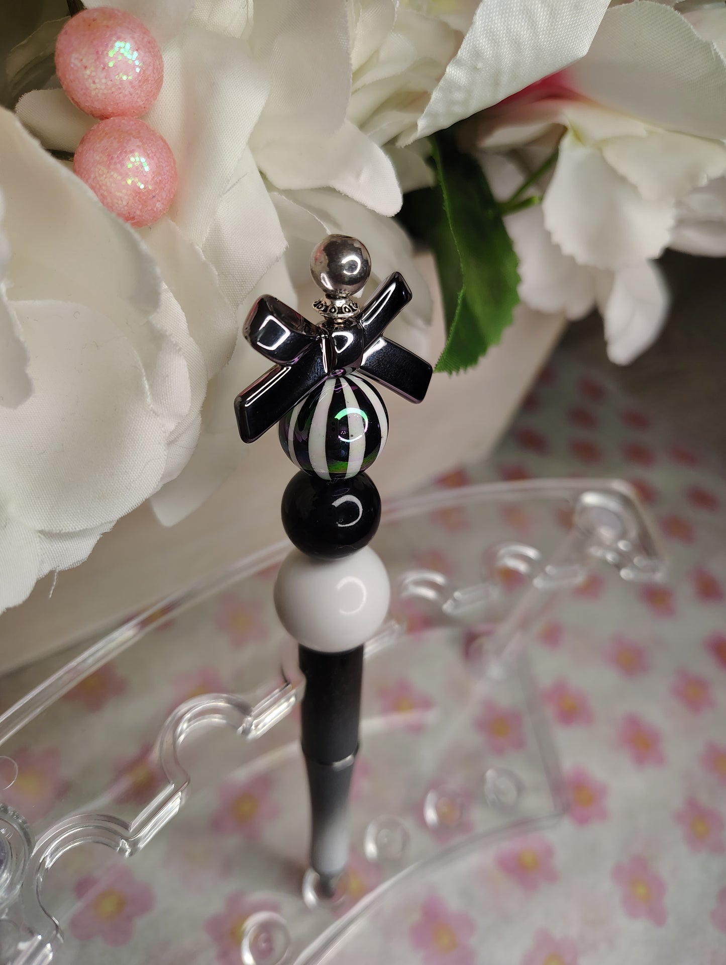 Midnight Bow Beaded Stylus Pen | Black & White Glam Writing Pen | Cute Desk Accessory Description