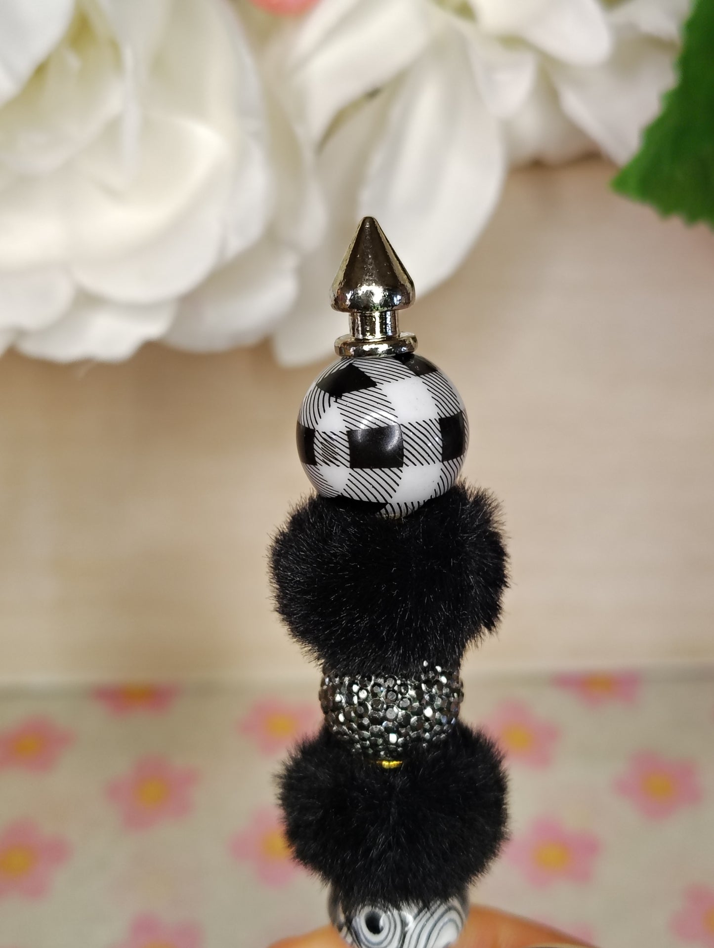 Black Pom Beaded Keychain | Chic Neutral Puff Key Ring | Handmade Purse & Bag Charm