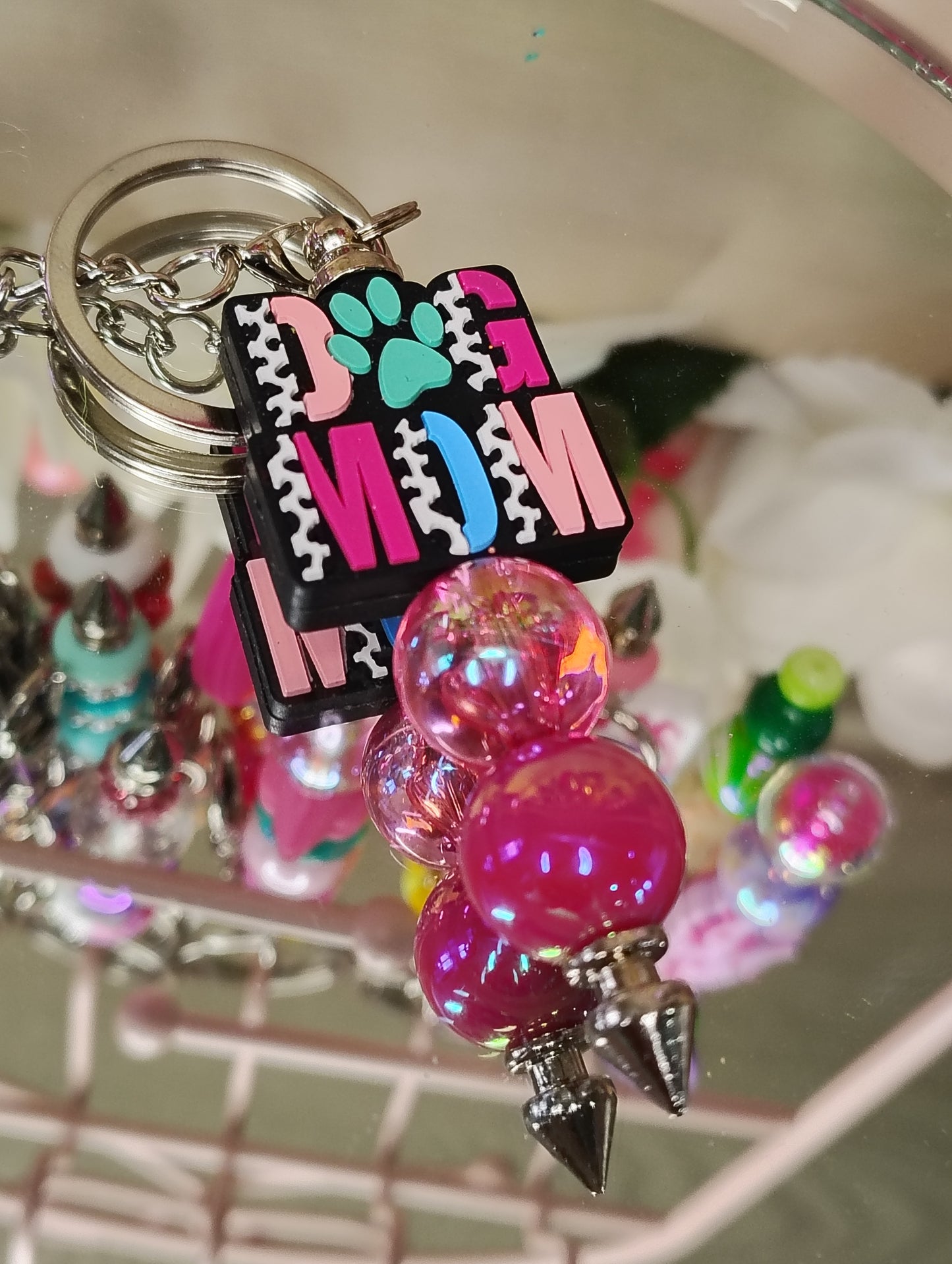 Dog Mom Beaded Keychain | Colorful Paw Print Charm | Fun Handmade Bag & Key Ring Accessory