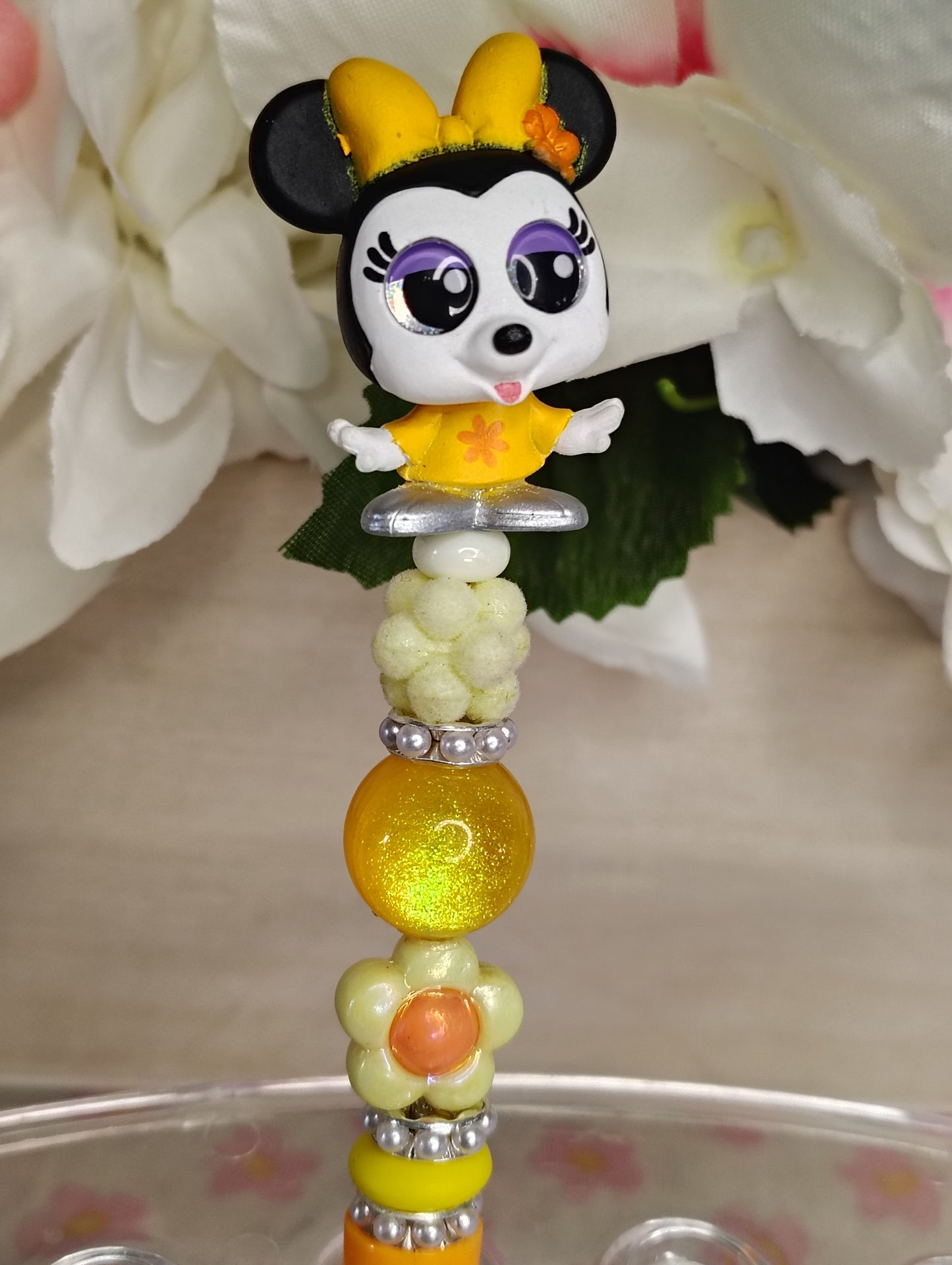 Sunny Mouse Girl Beaded Pen | Yellow Floral Kids Pen | Cute Writing Gift
