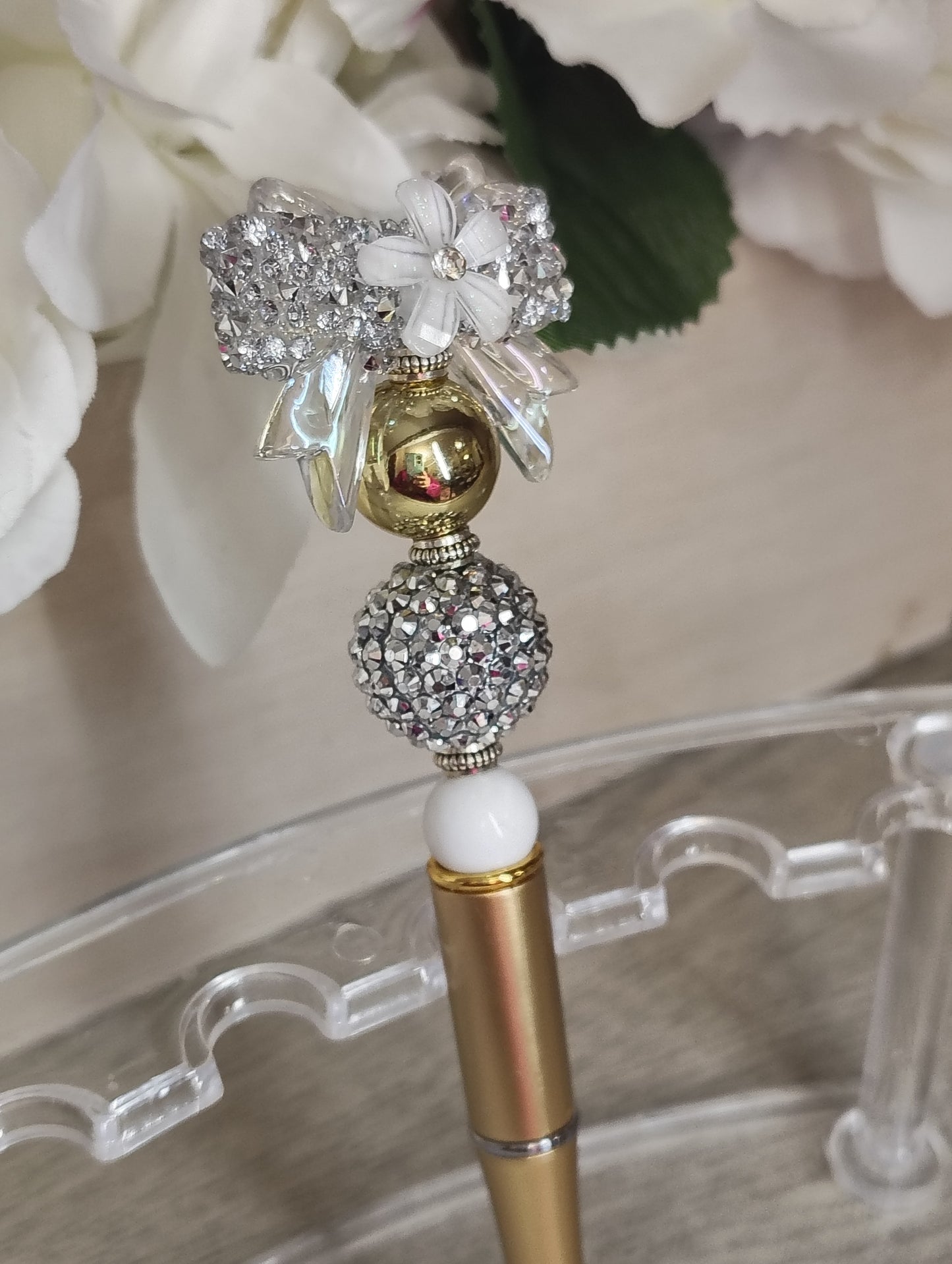 Elegant Bow Crystal Beaded Pen | Gold & Silver Luxe Writing Pen