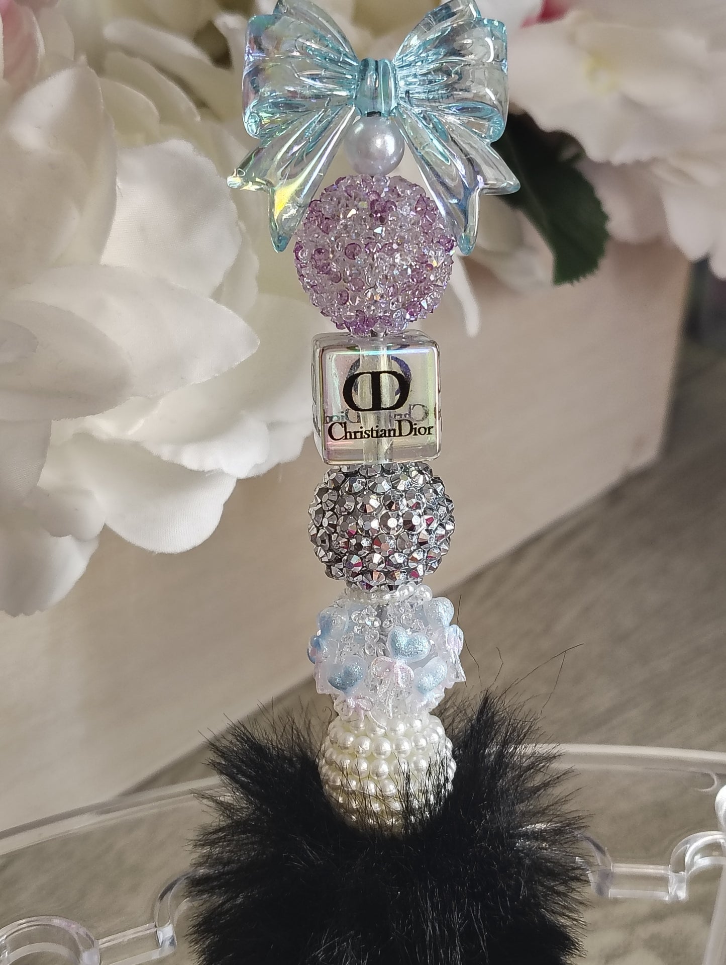 Dior Inspired | Luxury Bow Pom-Pom Beaded Pen | Glam Sparkle Statement Writing Pen
