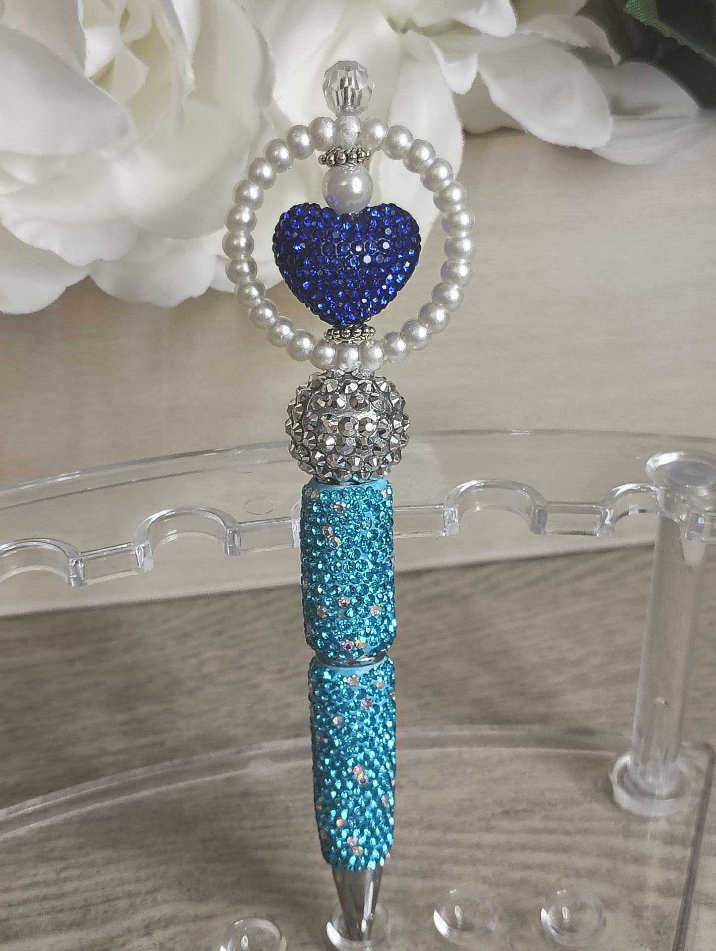 Royal Heart Glam Pen | Blue Crystal Heart Beaded Pen