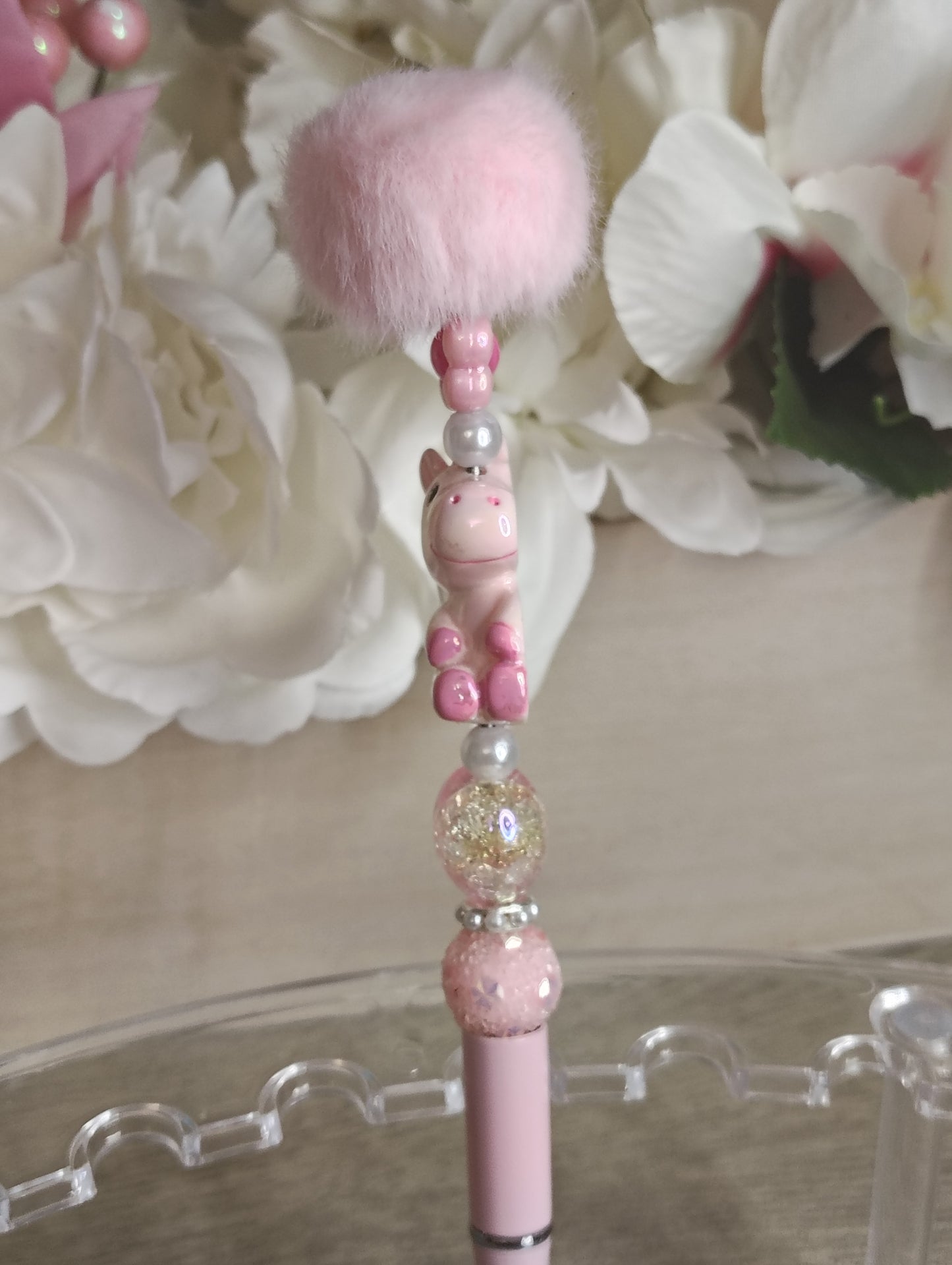 Blush Unicorn Pom-Pom Pen | Pink Fairycore Beaded Glam Pen