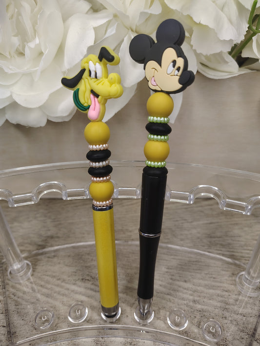 Pluto and Mickey Inspired | Classic Toon Duo Pen & Stylus Set | Yellow & Black Beaded Character Pens