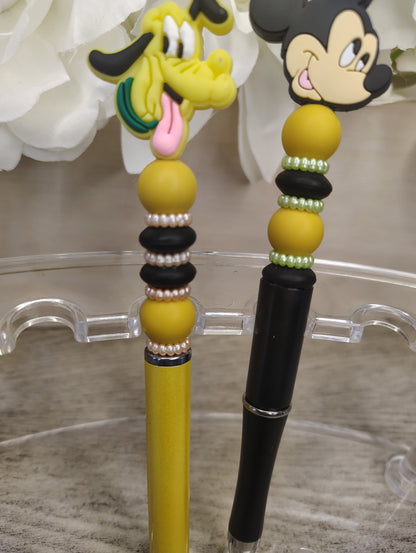 Pluto and Mickey Inspired | Classic Toon Duo Pen & Stylus Set | Yellow & Black Beaded Character Pens
