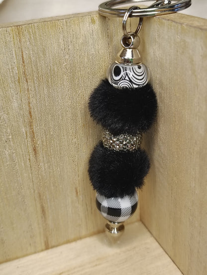 Black Pom Beaded Keychain | Chic Neutral Puff Key Ring | Handmade Purse & Bag Charm