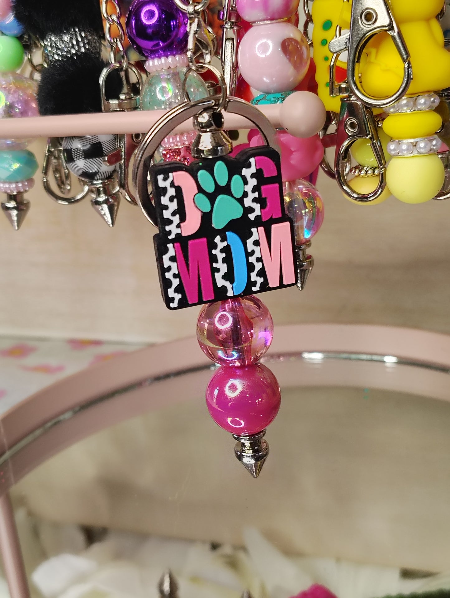 Dog Mom Beaded Keychain | Colorful Paw Print Charm | Fun Handmade Bag & Key Ring Accessory