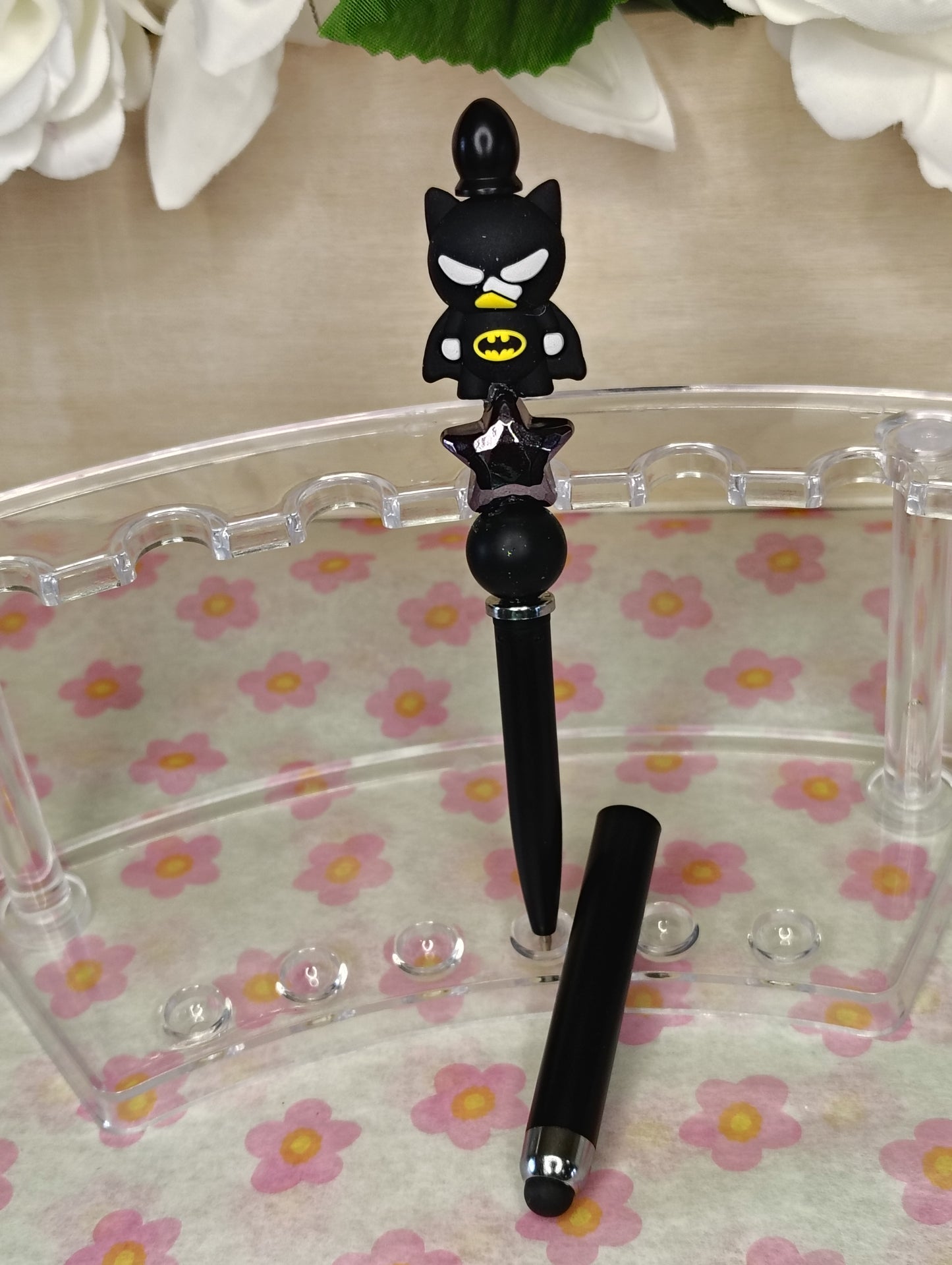 Batman Inspired Character 2-in-1 Stylus Pen | Touchscreen & Ink Pen Combo | Cool Black Beaded Pen Gift
