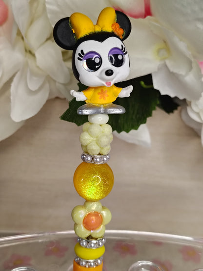 Sunny Mouse Girl Beaded Pen | Yellow Floral Kids Pen | Cute Writing Gift