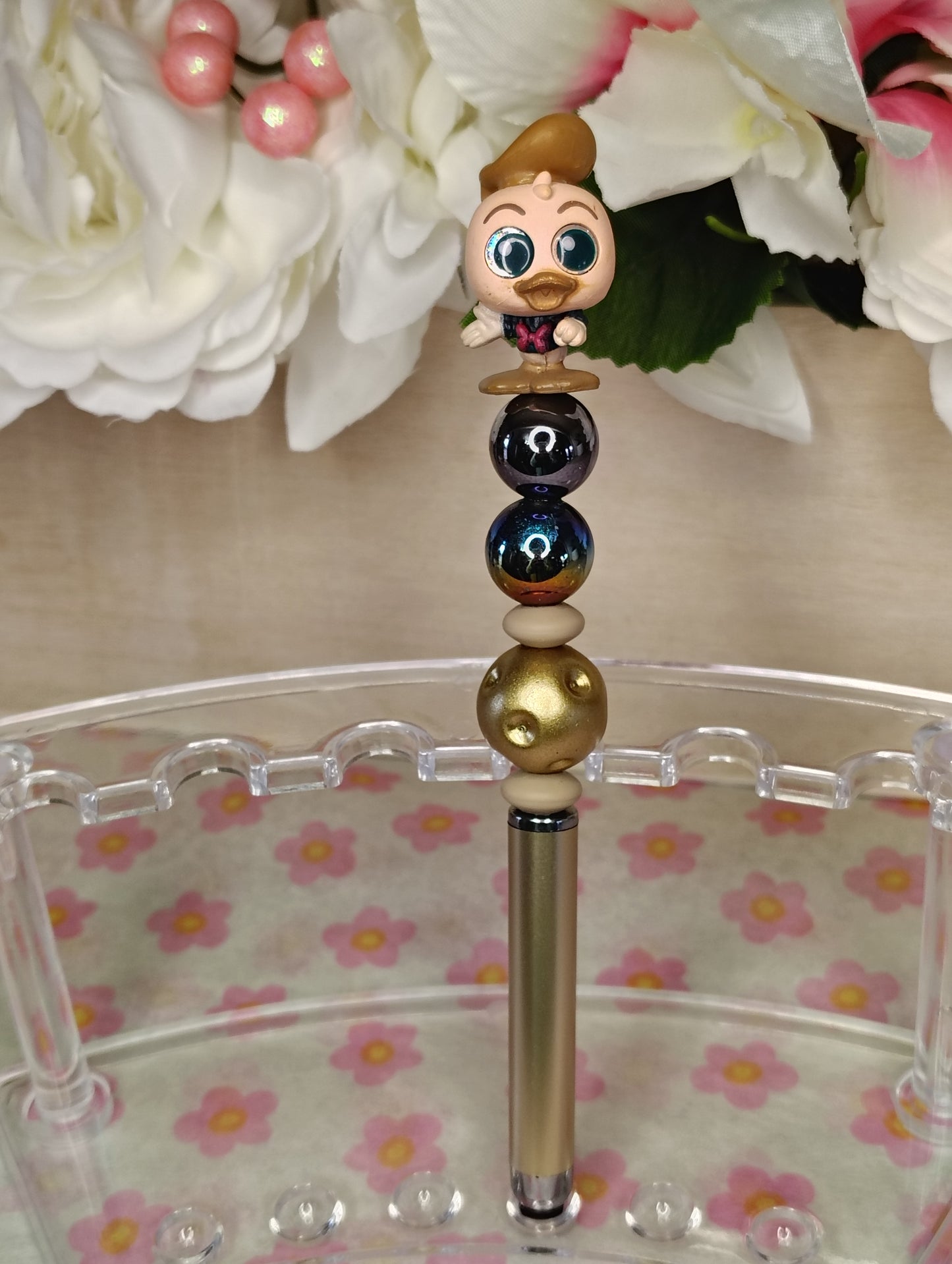 ✨ Dapper Duck Charm Beaded Pen – Gold & Midnight Shimmer ✨