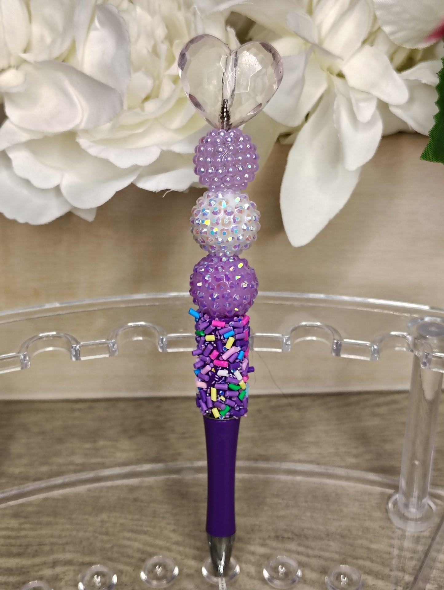 Purple Heart Gem Beaded Pen | Sparkly Sprinkle Grip Writing Pen