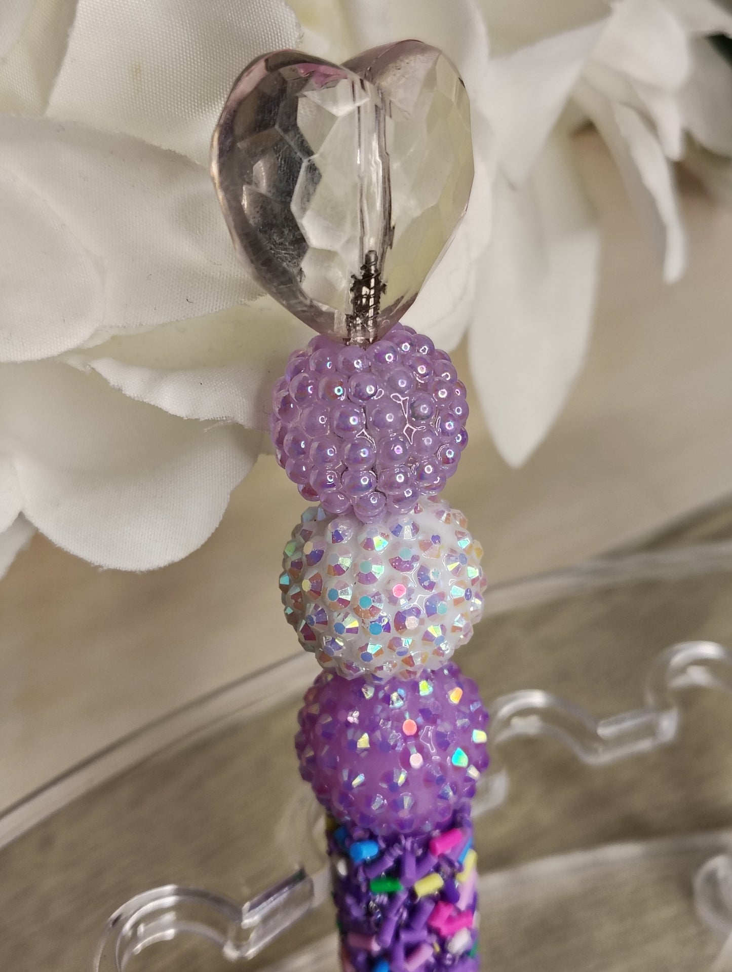 Purple Heart Gem Beaded Pen | Sparkly Sprinkle Grip Writing Pen