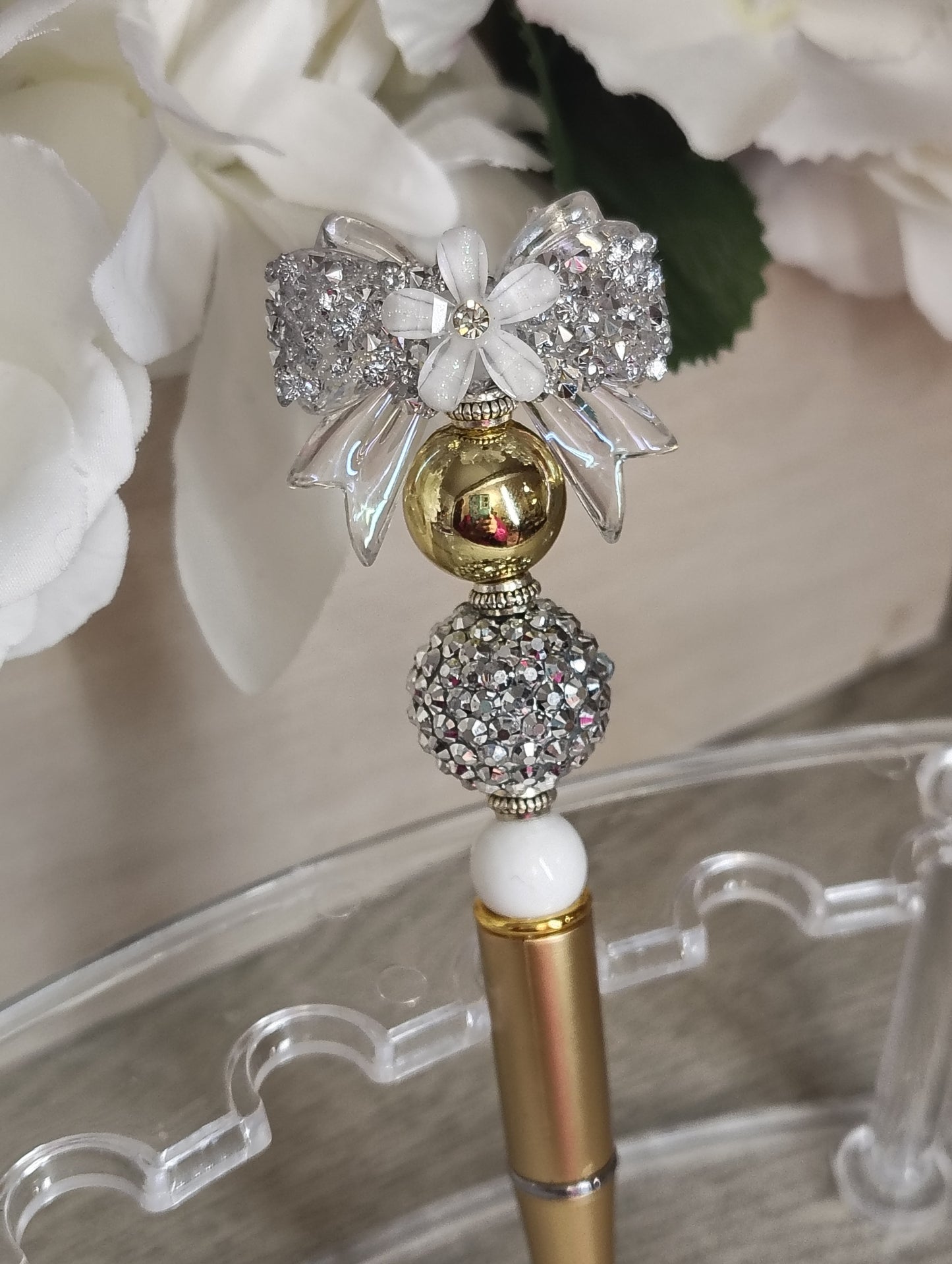 Elegant Bow Crystal Beaded Pen | Gold & Silver Luxe Writing Pen