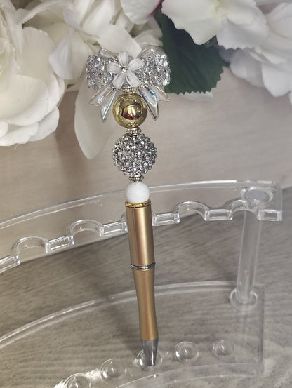 Elegant Bow Crystal Beaded Pen | Gold & Silver Luxe Writing Pen