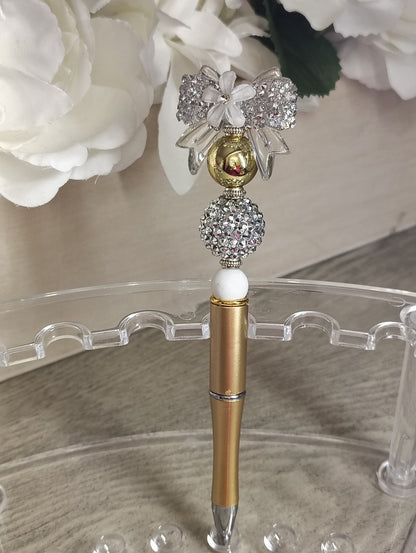 Elegant Bow Crystal Beaded Pen | Gold & Silver Luxe Writing Pen