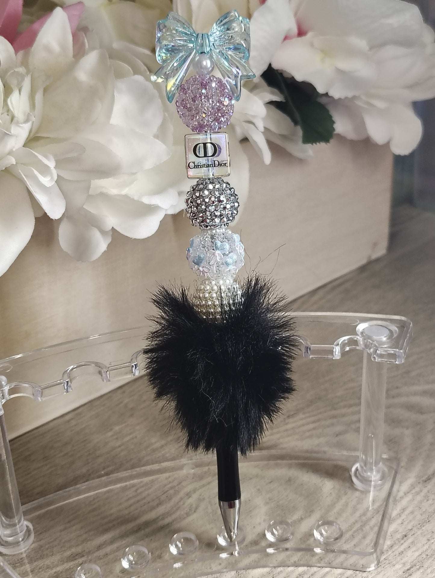 Dior Inspired | Luxury Bow Pom-Pom Beaded Pen | Glam Sparkle Statement Writing Pen