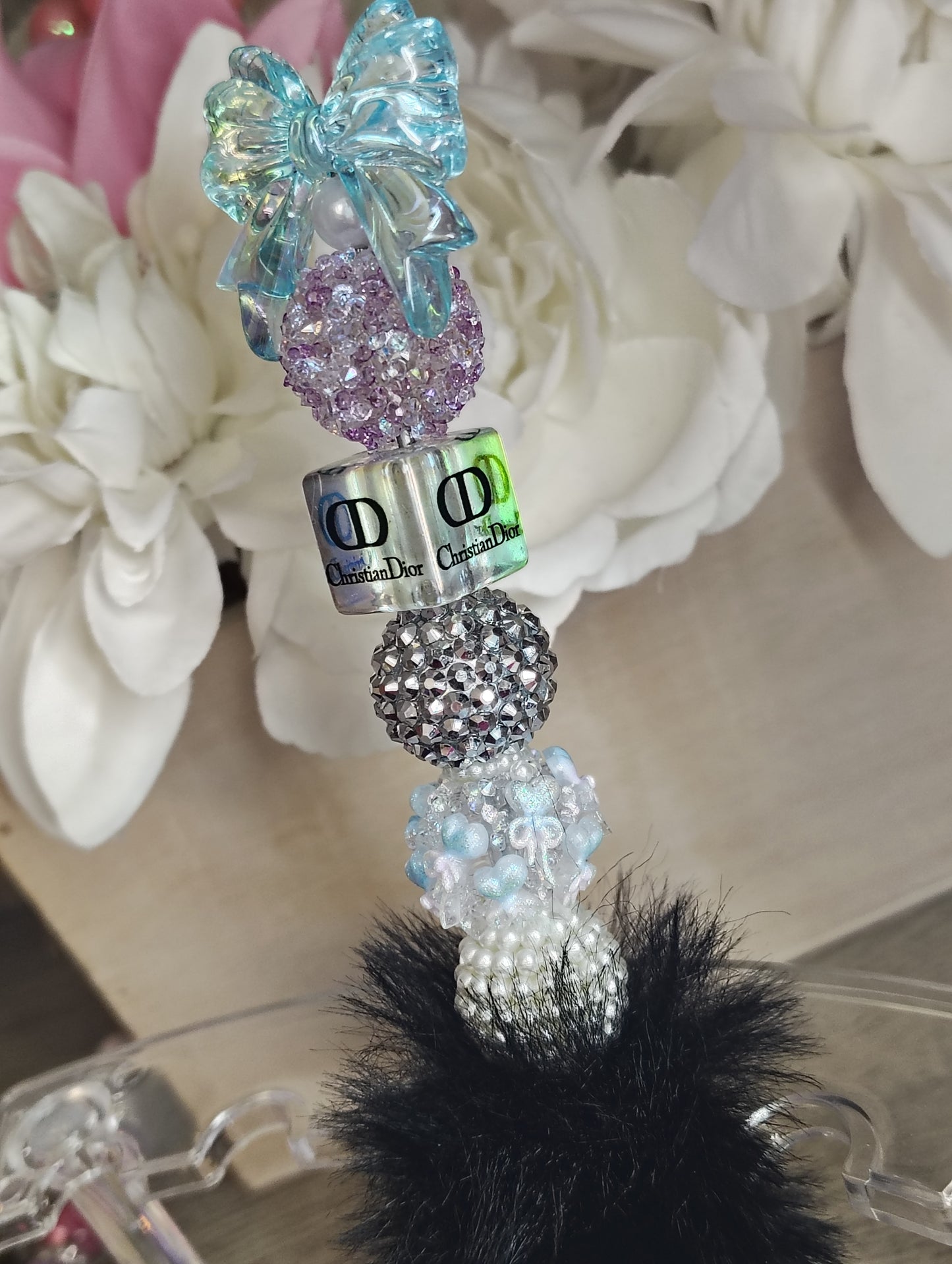 Dior Inspired | Luxury Bow Pom-Pom Beaded Pen | Glam Sparkle Statement Writing Pen