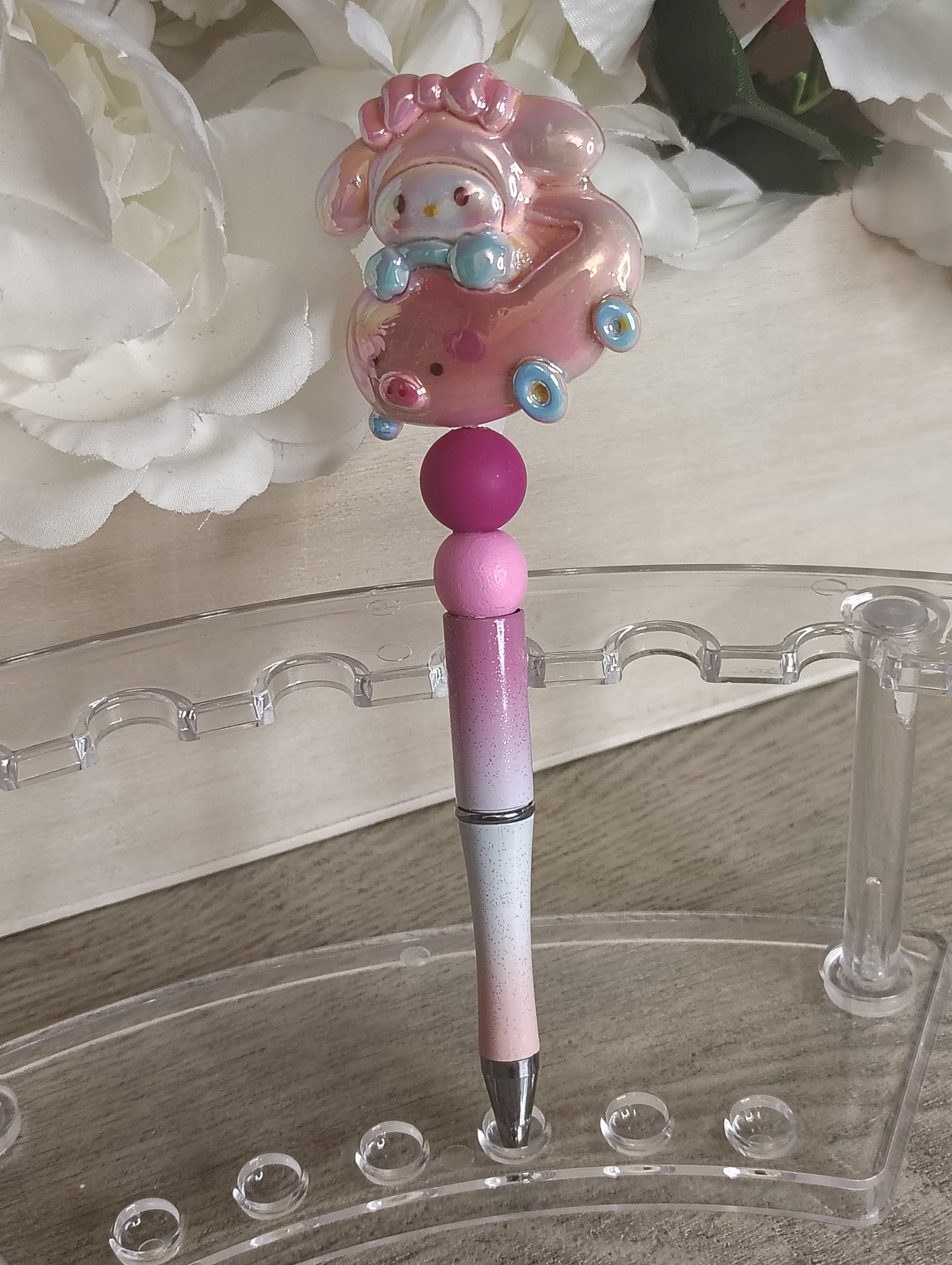 Pastel Bunny Character Beaded Pen | Cute Pink Ombre Writing Pen