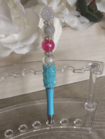 Aqua Sparkle Beaded Pen | Blue & Pink Crystal Writing Pen