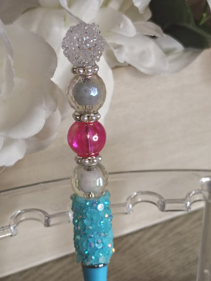 Aqua Sparkle Beaded Pen | Blue & Pink Crystal Writing Pen