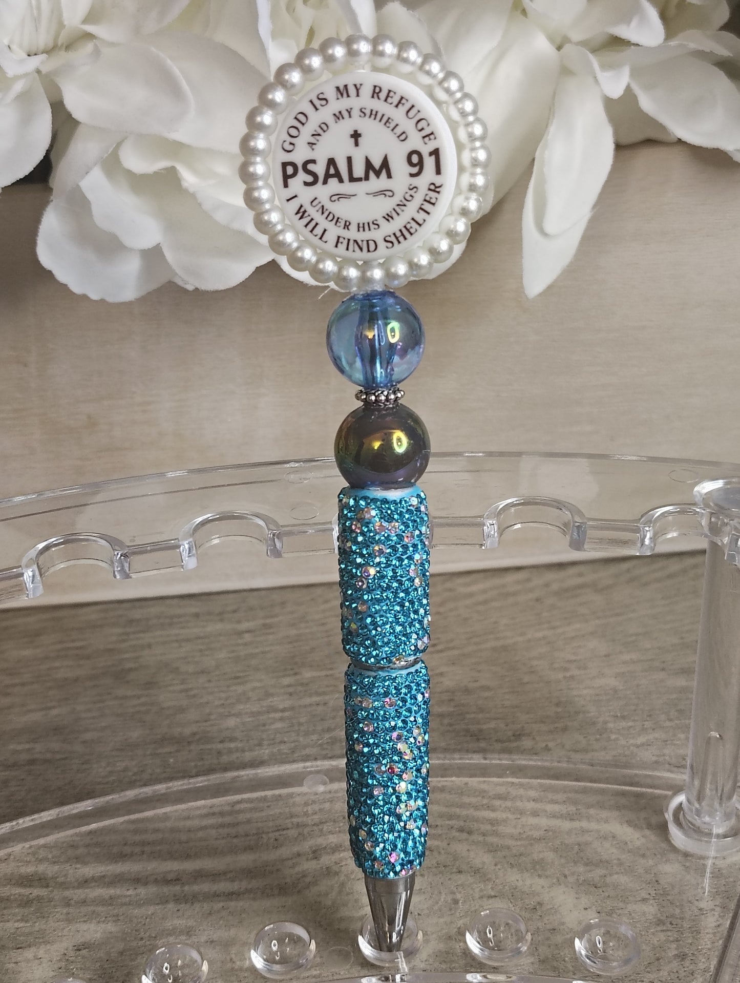 Psalm 91 Spinning Beaded Pen | Teal Sparkle Faith Pen