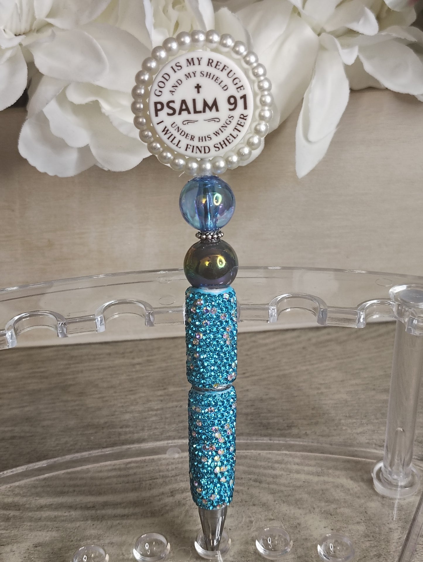 Psalm 91 Spinning Beaded Pen | Teal Sparkle Faith Pen