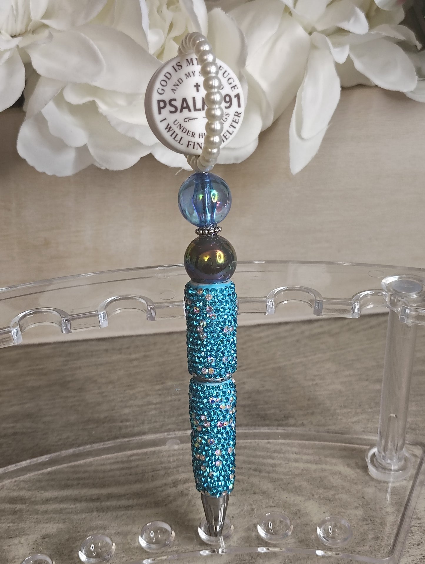 Psalm 91 Spinning Beaded Pen | Teal Sparkle Faith Pen