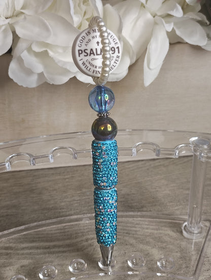 Psalm 91 Spinning Beaded Pen | Teal Sparkle Faith Pen