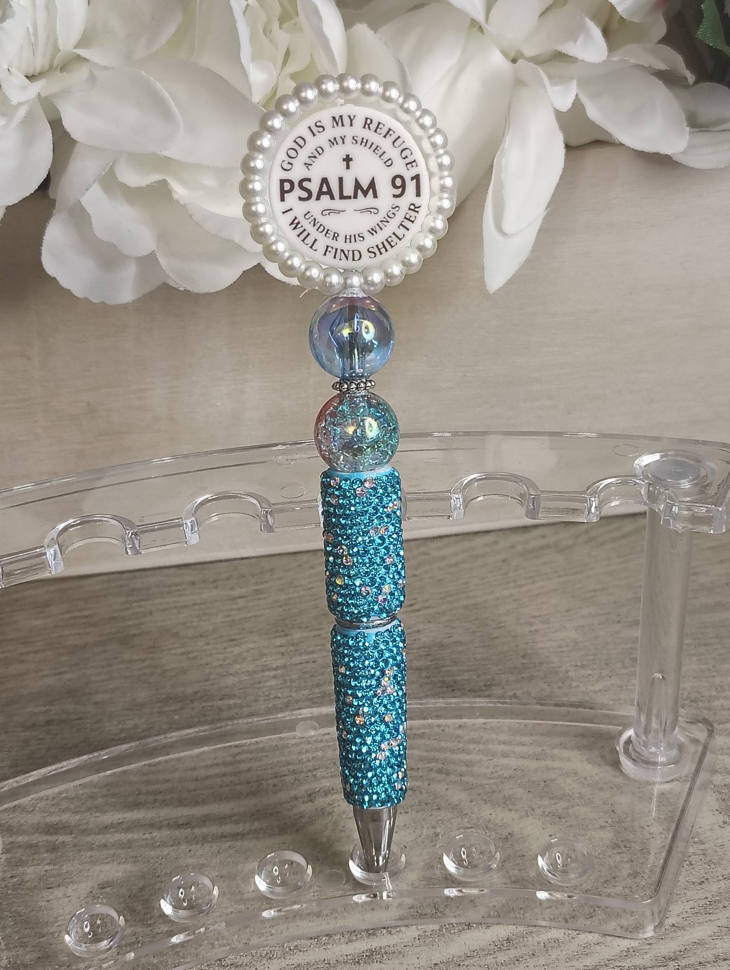 Psalm 91 Spinning Beaded Pen | Teal Sparkle Faith Pen