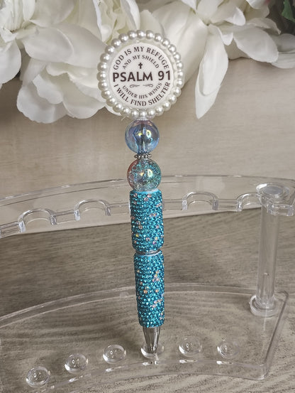 Psalm 91 Spinning Beaded Pen | Teal Sparkle Faith Pen