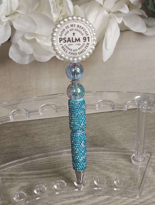Psalm 91 Spinning Beaded Pen | Teal Sparkle Faith Pen