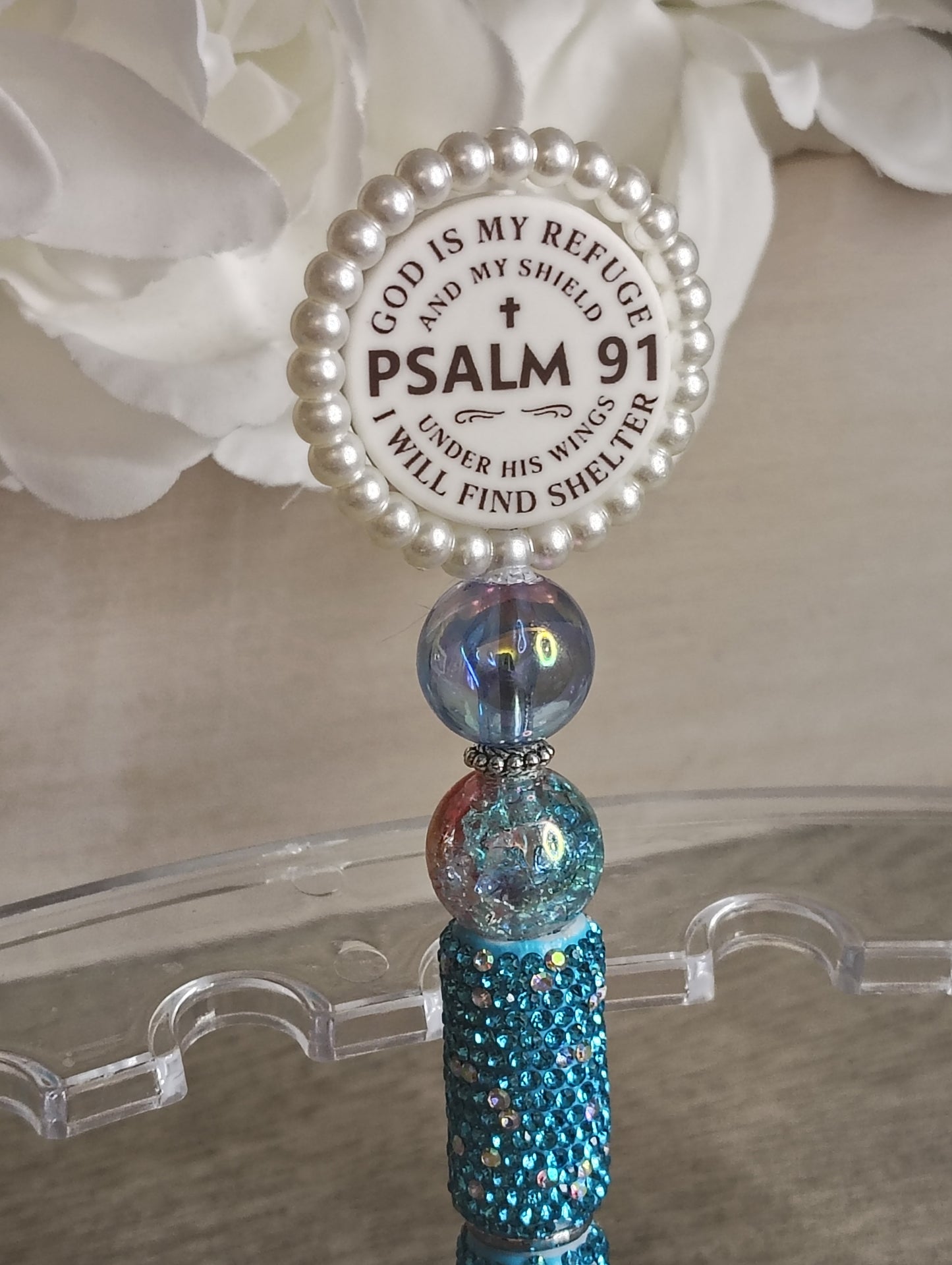 Psalm 91 Spinning Beaded Pen | Teal Sparkle Faith Pen