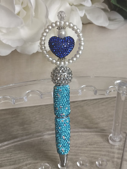 Royal Heart Glam Pen | Blue Crystal Heart Beaded Pen