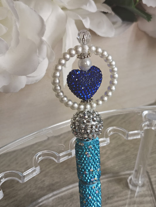 Royal Heart Glam Pen | Blue Crystal Heart Beaded Pen