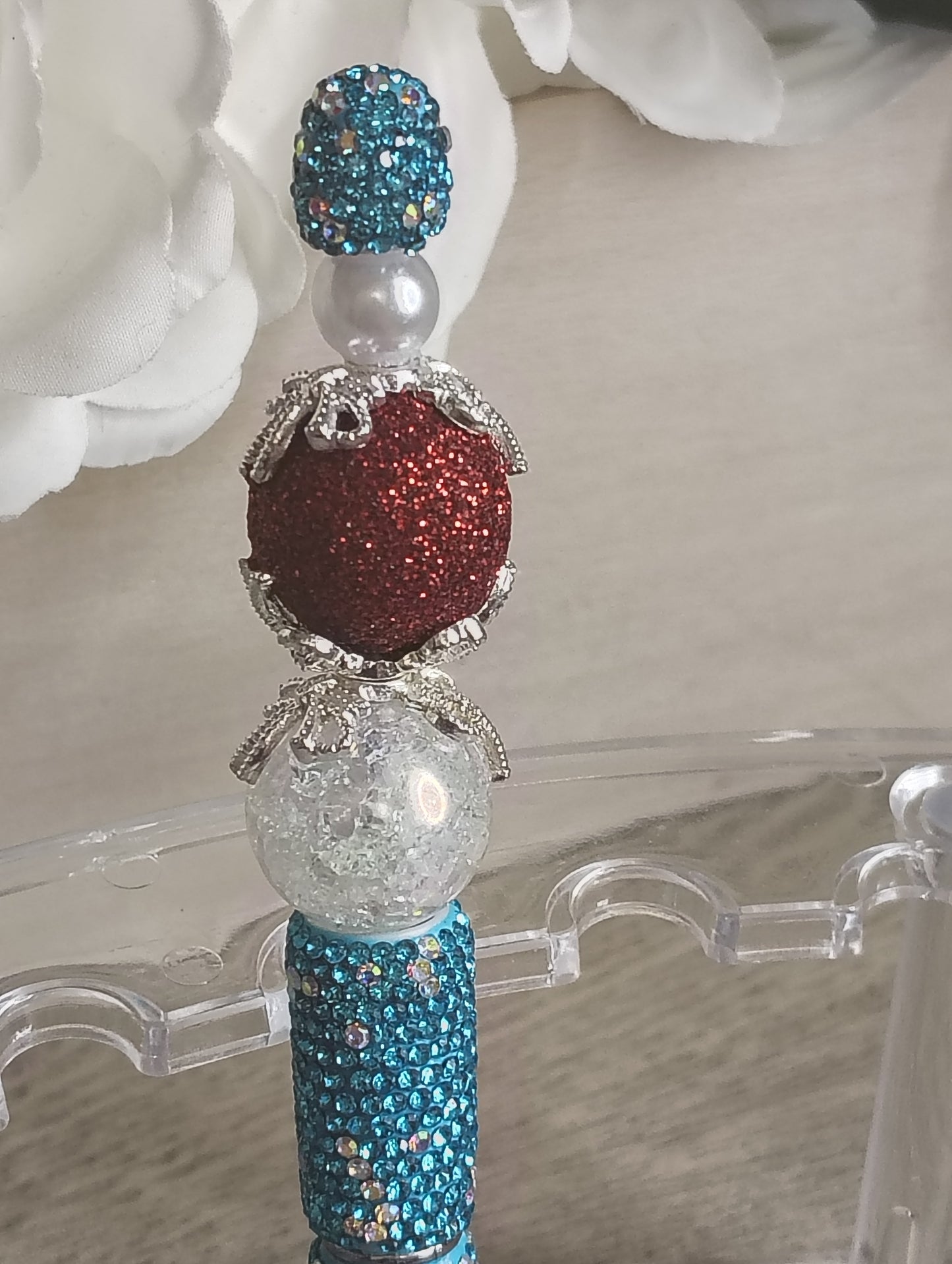 Teal & Ruby Crystal Sparkle Beaded Pen | Luxe Handmade Pen