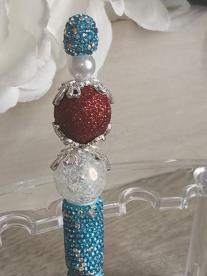 Teal & Ruby Crystal Sparkle Beaded Pen | Luxe Handmade Pen