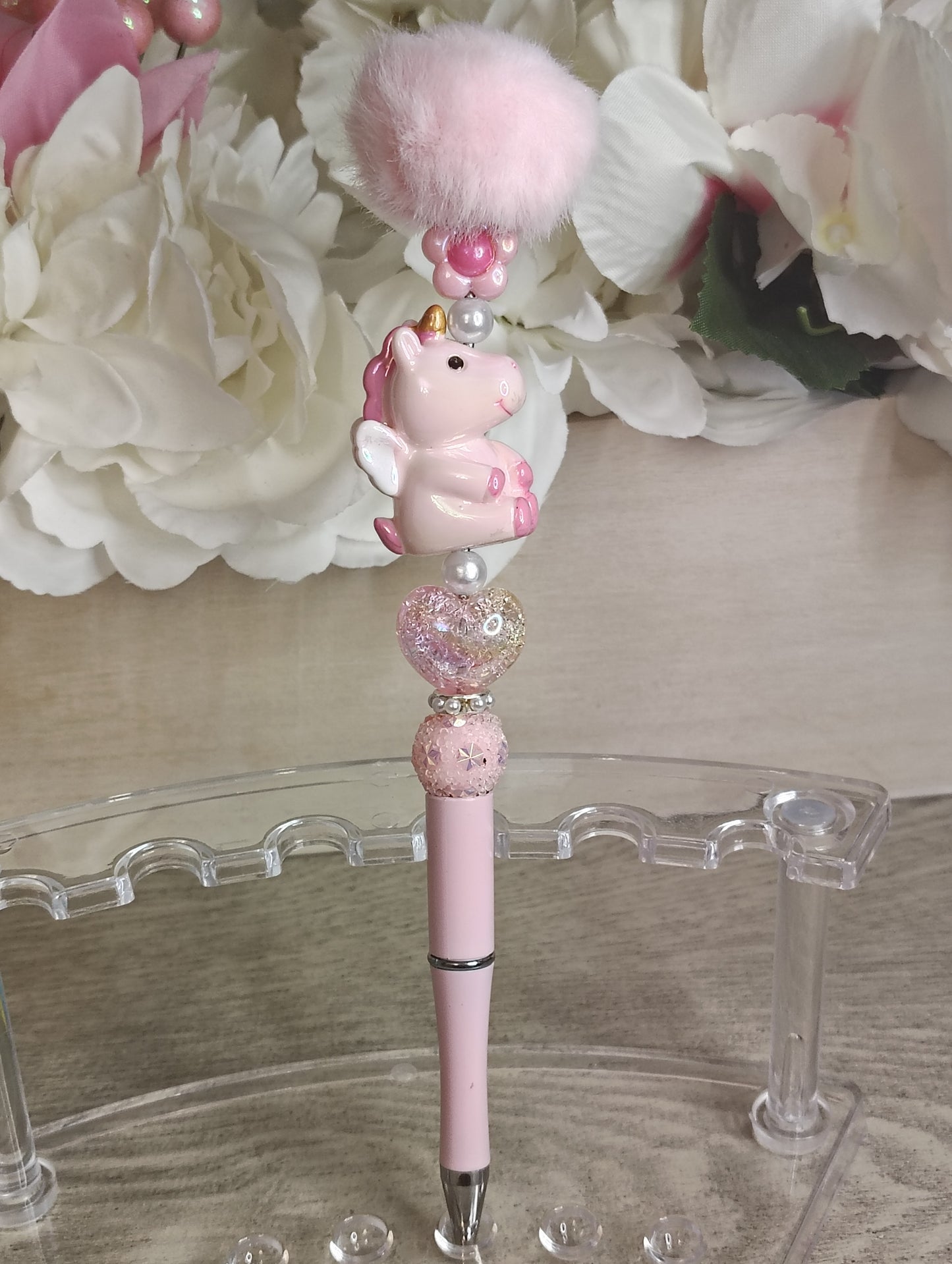 Blush Unicorn Pom-Pom Pen | Pink Fairycore Beaded Glam Pen