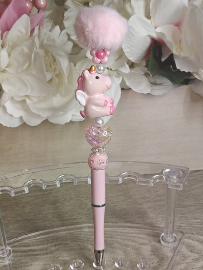 Blush Unicorn Pom-Pom Pen | Pink Fairycore Beaded Glam Pen
