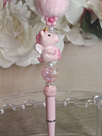 Blush Unicorn Pom-Pom Pen | Pink Fairycore Beaded Glam Pen