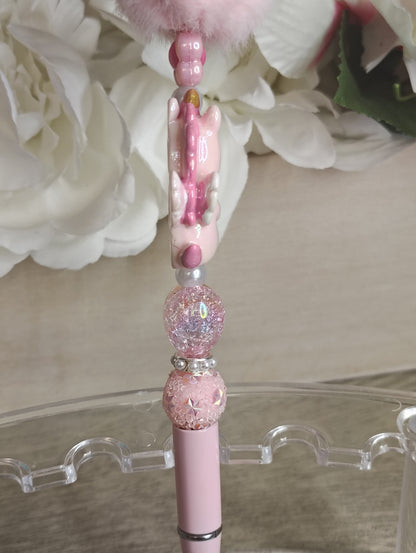 Blush Unicorn Pom-Pom Pen | Pink Fairycore Beaded Glam Pen