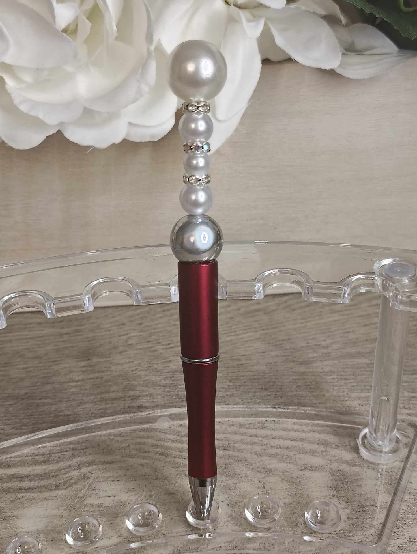Classic Pearl Glam Pen | Burgundy & Silver Beaded Statement Pen