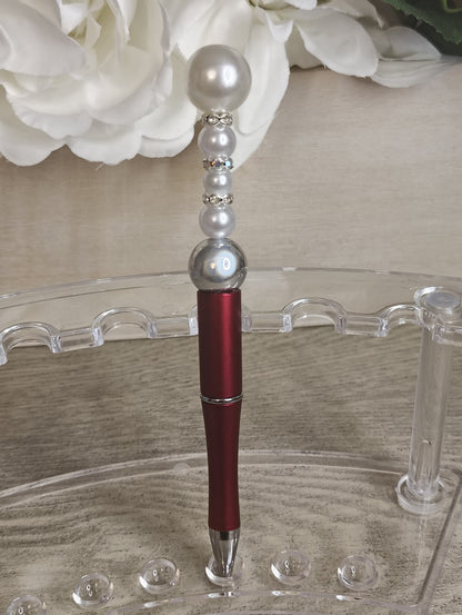 Classic Pearl Glam Pen | Burgundy & Silver Beaded Statement Pen