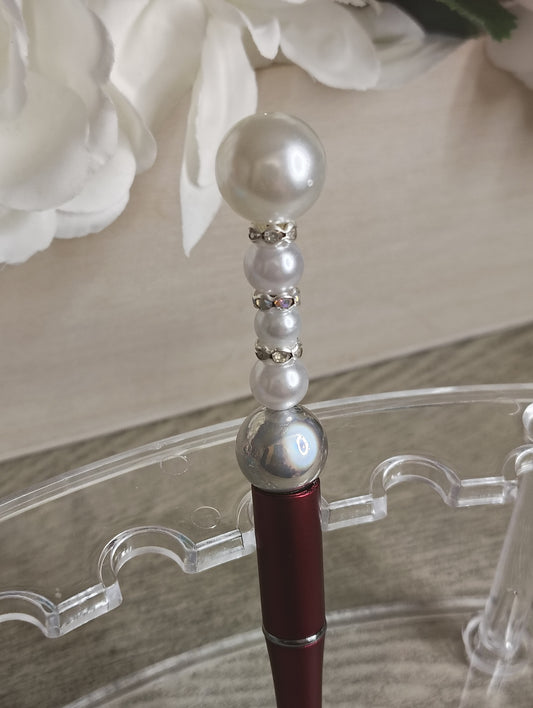Classic Pearl Glam Pen | Burgundy & Silver Beaded Statement Pen