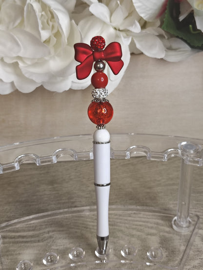 Scarlet Bow Glam Pen | Red & White Beaded Statement Pen