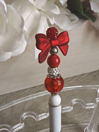 Scarlet Bow Glam Pen | Red & White Beaded Statement Pen