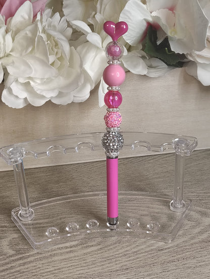 Pink Heart Pen & Stylus with Extender | Beaded 2-in-1 Statement Pen