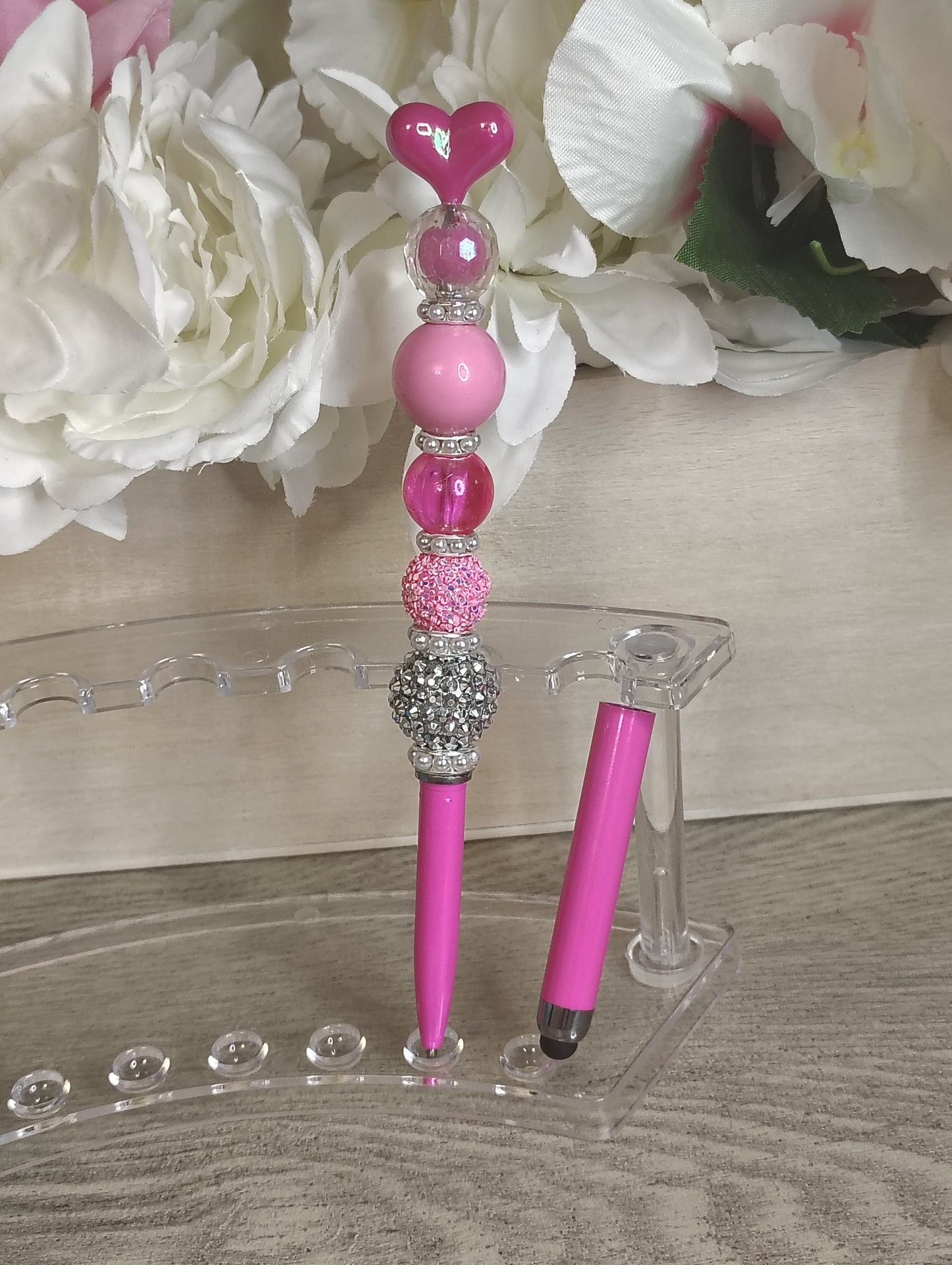 Pink Heart Pen & Stylus with Extender | Beaded 2-in-1 Statement Pen