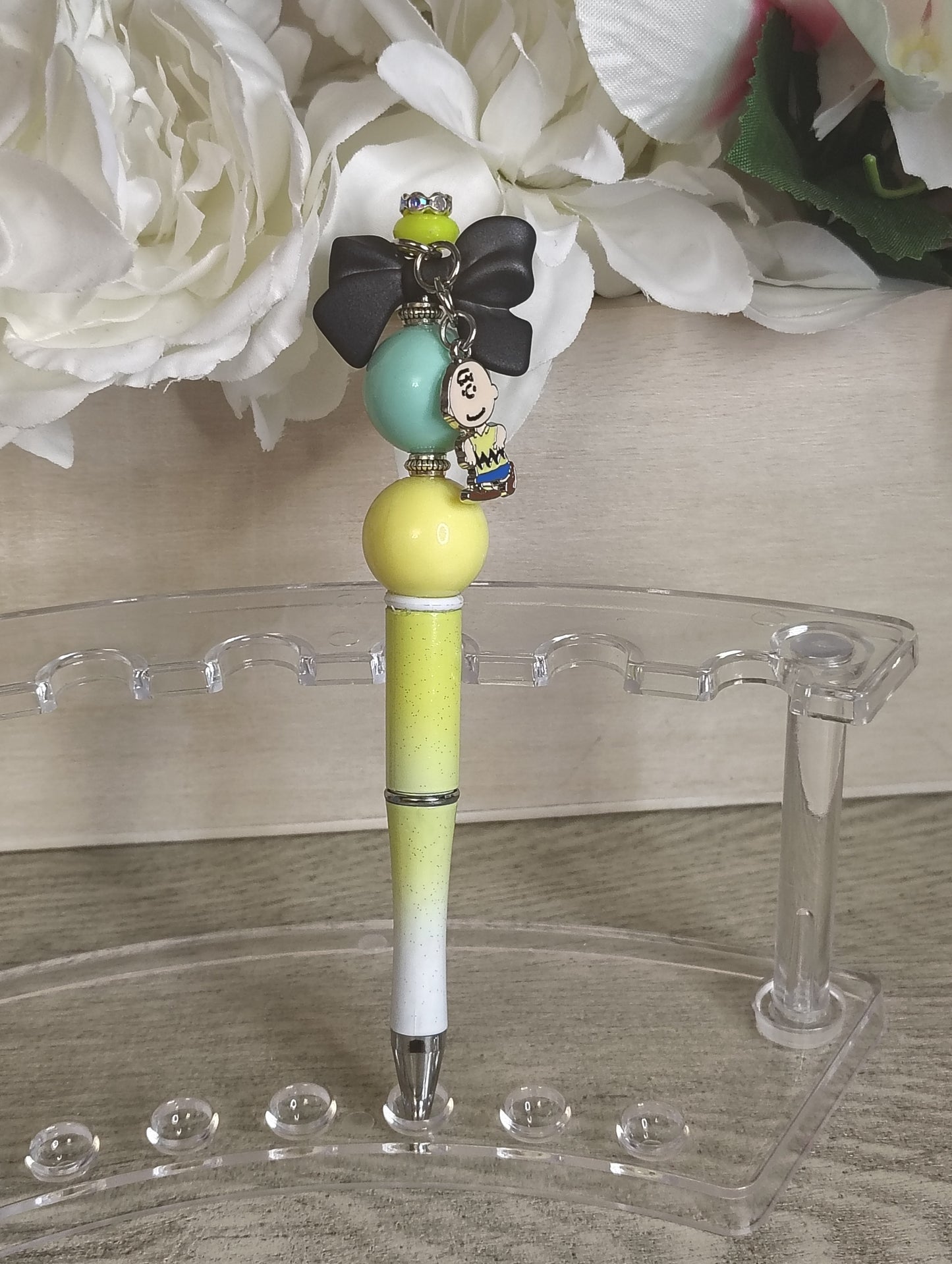 Charlie Brown Inspired | Bow Charm Beaded Pen | Yellow & Mint Statement Pen with Dangle Charm