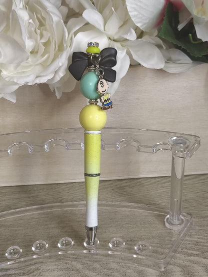 Charlie Brown Inspired | Bow Charm Beaded Pen | Yellow & Mint Statement Pen with Dangle Charm